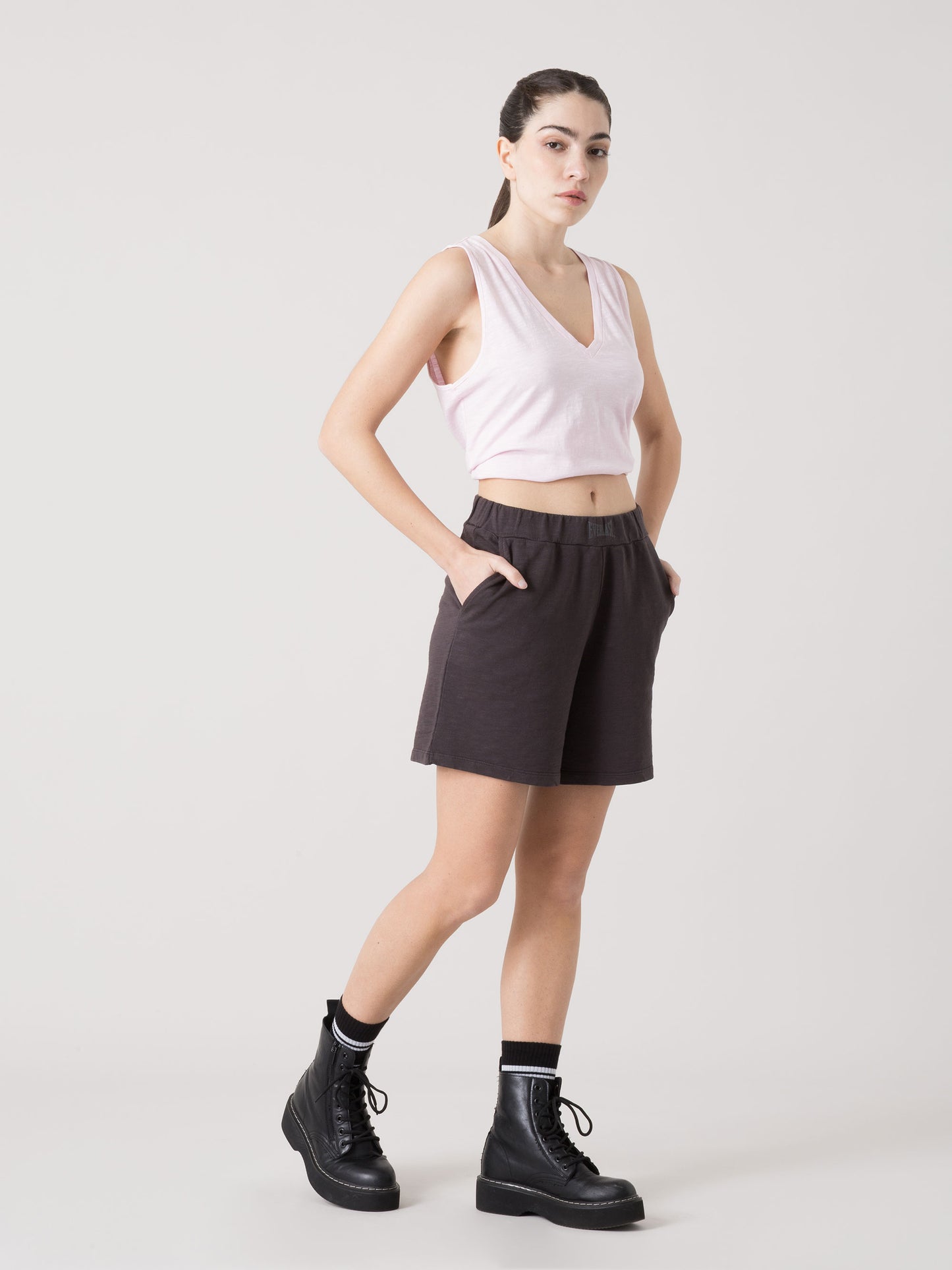 EVERLAST SHORTS DONNA IN FELPA SLUB NON GARZATA CON VITA ELASTICA E TASCHE